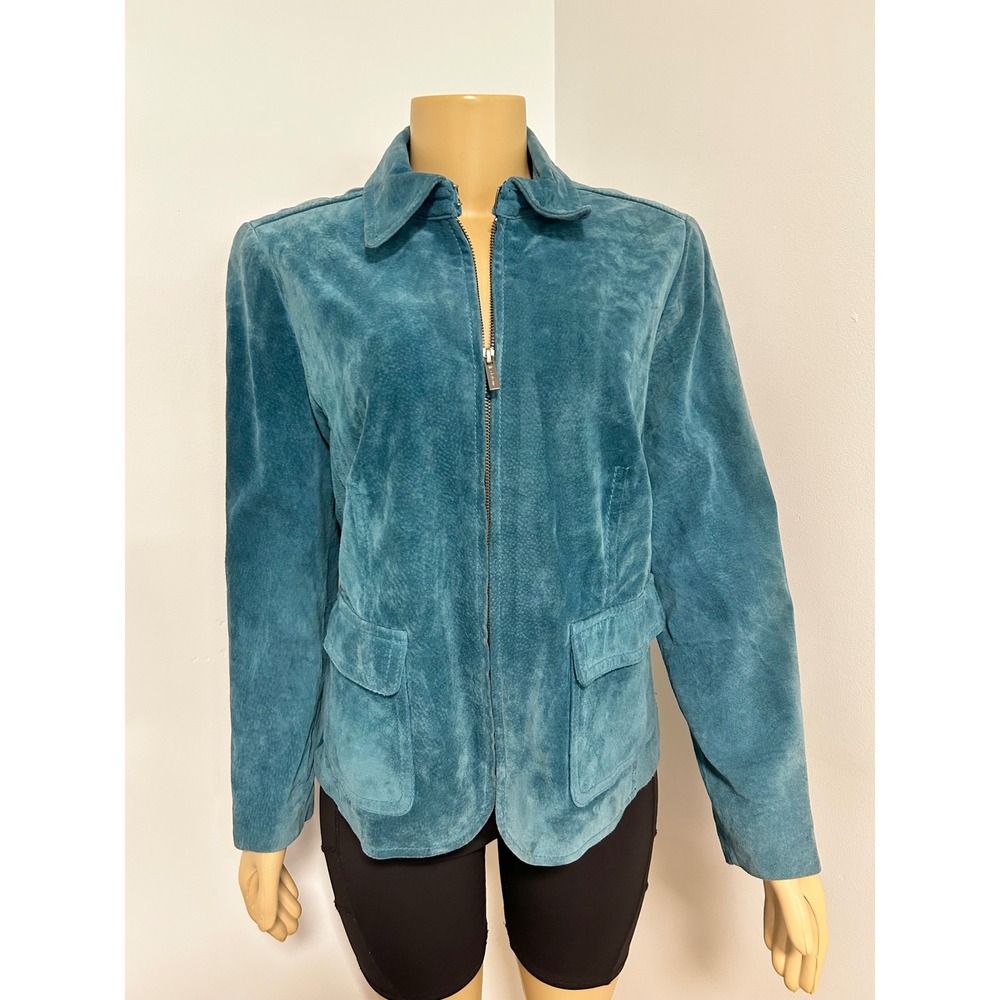 y2k Liz Claiborne Teal Blue 100% Suede Leather Zip Up Jacket Womens Large Petite